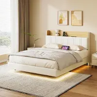 Moonbite Schwebendes Bett 160x200 cm mit LED-Beleuchtung und USB-Ladeanschluss, verstecktem Stauraum, Weiß