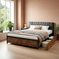 Moonbite Doppelbettgestell 160 x 200 cm mit Schubladen und LED-Beleuchtung, in Schwarz, Metall und Holz – ideal fürs Schlafzimmer, mit USB-Anschluss
