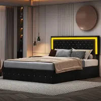 Moonbite 160 x 200 cm großes Samtbett mit Stauraum – mit LED-Beleuchtung und Lattenrost – Doppelbett mit höhenverstellbarem Kopfteil – Schwarz