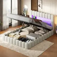 Moonbite Doppelbettgestell 180 x 200 cm, beige, mit Stauraum, LED-Beleuchtung, Leinenbezug, Kopfteil und Ladestation
