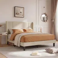 Moonbite Doppelbett 160x200 cm Leinen Beige, Gepolsterte Kopfleiste – 15,5 cm Stauraum, 360 kg