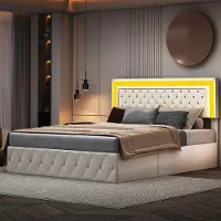 Moonbite 140 x 200 cm großes Samtbett mit Stauraum – mit LED-Beleuchtung und Lattenrost – Doppelbett mit höhenverstellbarem Kopfteil – Beige