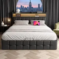 Moonbite 140 x 190 cm großes Stauraumbett in schwarzem Kunstleder mit RGB-LED-Beleuchtung, Kopfteil mit USB-/Typ-C-Anschlüssen und integriertem Stauraum