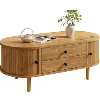 Moonbite Couchtisch Eicheoptik 100 cm Retro, Wohnzimmertisch oval 2 Schubladen Schiebetüren, Streifenfront Kiefernholzbeine, MDF-Platte, Eiche