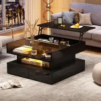 Novavision 80*80*45cm Couchtisch Höhenverstellbarer Kaffeetisch mit Verstecktem Stauraum und 2 Schubladen,Sofatisch mit LED-Leuchten,Wohnzimmer-Beistelltisch