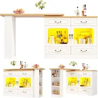 Novavision Ausziehbarer Bartisch mit Stauraum(135-203×39×92.8cm) , 360° drehbare Essbar, geeignet für Schlafzimmer, Esszimmer, Teleskopischer Bartisch mit LED