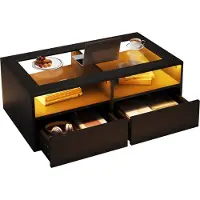 Novavision Couchtisch mit LED-Licht, sofatisch mit 2 Schubladen, Wohnzimmertisch aus Glas, Teetisch doppelschichtiges Design, Offener Stauraum, Beistelltisch