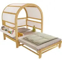 Novavision Erweiterbares Gewölbtes Dachbett, Schiebebett, Kinderbett, Tagesbett, Kleine seitliche Ablagefläche, Kiefer+MDF, Weiß+Natur, 140x200cm