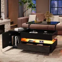 Novavision 95*50*40cm anhebbarer Couchtisch, kaffeetisch mit 1 Schublade,1 Schrank,Sofatisch mit LED,eetisch mit verstecktem Stauraum,mit halboffenem Stauraum
