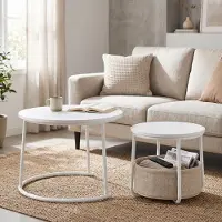 Vasagle Satztische 2er Set, Runder Couchtisch mit Stoffkorb, 60 x 60 x 48 cm, Mattweiß