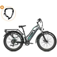 Jobobike Robin ST - E-Fatbike inkl. Kettenschloss - 26 Zoll - 250W Motor - 120 km Reichweite - 7-Gang - Mechanische Scheibenbremsen - 624Wh Akku - Tiefeinsteiger - Federgabel - Grau-Grün