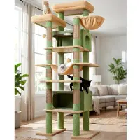 Merkloos Kratzbaum Katzenbaum Katzenkletterbaum - 213 cm - Grün - Mit zwei Katzenhöhlen, Liegeplattformen, Hängematte und 8 Sisal-Kratzstämmen