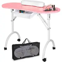 Merkloos LEIBOU Professioneller, 90 cm langer, tragbarer und zusammenklappbarer Manikürtisch, Arbeitsstation für Nageldesign, mit Rollen, Schublade, Schwamm und er Tragetasche (rosa Muster)