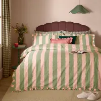 Merkloos Ein gestreiftes Bettbezug-Set aus Baumwolle und Polyester, Größe King, in Rosa und Grün