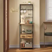 Merkloos Küchenregal Küchenbord Küchenablage - Schmal - 50 x 34 x 140 cm - Braun - Mit 2 Stoffschubladen und 5 Haken