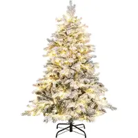 Costway Künstlicher Weihnachtsbaum 135cm mit Schnee, 120 warmweißen LED-Lichtern & Metallständer, Tannenbaum, Christbaum, Kunstbaum Weihnachten Weiß