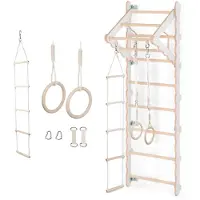 Merkloos Wandklimmrahmen Sprossenwand Klimmstange - 210 cm - Massivholz - Mit Turnringen und Seilleiter - Für Zuhause