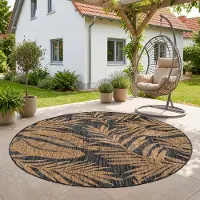 Ayyildiz Hali SIMPEX Outdoor Teppich Schwarz Natur Jute Optik Rund 120 cm Balkon Terrasse Garten Wetterfest UV-beständig Mittel Palmblatt Flachgewebe Pflegeleicht Robust Modern