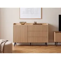 WFL GROUP Kommode Arysa Geriffelt – Frühlings-Eiche 126 cm – Sideboard mit 3 Schubladen für Wohn- und Schlafzimmer – Hohe Metallfüße 15 cm – Hergestellt in der EU