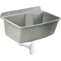 Gospo Ausgussbecken, 61 cm x 44 cm x 23,5 cm, Waschbecken aus Kunststoff, Waschtrog mitüberlauf, Siphon, Spülbecken inkl. Zubehör, Waschraum, Gartenwaschbecken (Grau)