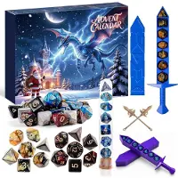 Aikunlnb Adventskalender 2026 DND Würfel Set 28 Polyedrische Würfel in 4 Sets 24 Tage Weihnachtskalender 2 Stück 3D Schwert-Würfelboxen 2 Stück Waffenmodellen