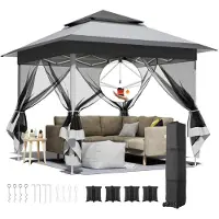 LIFERUN Faltpavillon 3,3x3,3m Grau Weiß mit 4 Moskitonetzen, Wasserdicht, UV 50+, Doppeldach, inkl. Sandsäcken