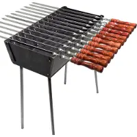 GOROCH Mangal Grill Set Stahl 3 mm für 12 Spieße mit 8 Holzgriff-Schaschlikspießen