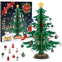 LIHAO Adventskalender Mini Holz Christmas Tree Weihnachtsbaum mit 24 Anhänger Weihnachtsbaum aus Holz DIY mit 24 Ornamnet