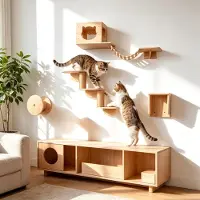 Dripio Katzen-Kletterwand aus Holz, 5-teilig, mit Korb, Brücke, Treppe