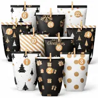 Merkloos Adventskalender Zum Selbstbefüllen - 24 Beutel - Mit Nummernaufklebern und Holzklammern - Schwarz, Gold und Weiß - Für Kinder, Familie und Freunde