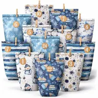Merkloos Adventskalender zum Befüllen Adventskalender Tüten - 24 Stück - Blau mit Holzklammern - 22 x 16 x 8 cm - Für Weihnachten und Winter