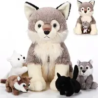 Merkloos Plüschwolf Kuscheltier Set - 5-in-1 - Große Wolf mit 4 Babywölfen - Reißverschluss im Bauch