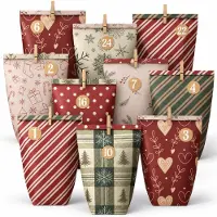 Merkloos Adventskalender zum Befüllen Adventskalender Kalender Weihnachtskalender - 24 Papiertüten - 22 x 16 x 8 cm - Mit Holzklammern und Jutekordel