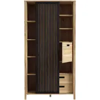 Forte JYTANA Schrank 100 105, skandinavischer Schrank mit 3 Schubladen, 2 Türen und 3 Regalfächern, Mauvella Eiche Holzdekor / Schwarz, 103,4 cm breit x 200,3 cm hoch x 40,2 cm tief