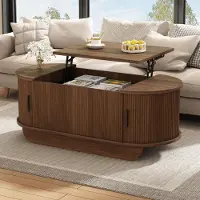 Merax Couchtisch höhenverstellbar mit 2 Rolltüren, ovaler Wohnzimmertisch mit hydraulischer Hebefunktion,Sofatisch mit Stauraum, Nussbaumoptik