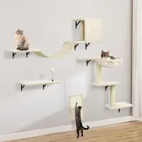 Merkloos Kratzbaum Kletterwand Katze Kletterwandset - Holz - Beige - 4-teilig - Hängematte, Katzenbrücke und Kratzsäule