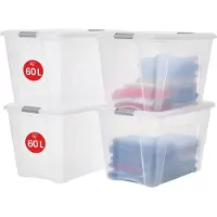Merkloos Aufbewahrungsbox mit Deckel Stapelbox Kunststoffbox - 60 Liter - 4 Stück - Stapelbar - Transparent mit silberfarbenem Griff - Für Bettwäsche und Kleidung