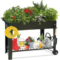 Merkloos Hochbeet Metall Pflanzbeet Pflanzkasten Balkon Gemüse - 100 x 28 x 80 cm - Schwarz - Mit Ablage