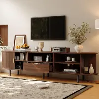 Merax TV Lowboard Rundform mit Rollo-Tür, TV-Schrank mit Schublade und offenen Fächern, modernes TV-Board mit Kabeldurchlässe aus MDF, Walnuss