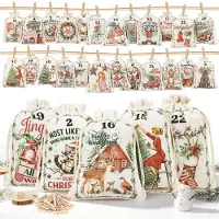 LYLIDIA Adventskalender zum Befüllen 24 Säckchen Beige 15x20 cm mit Holzklammern & Schnur