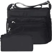 Unyqoos Damen-Schultertasche aus wasserdichtem Oxford-Nylon, leicht, mit RFID-Geldbörse & mehreren Taschen, Größe L 31x11x24 cm, Schwarz