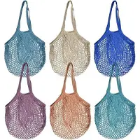 Unyqoos 6er-Set Baumwoll-Netztaschen 60×40 cm – wiederverwendbare Obst- & Gemüsebeutel mit 24 cm Tragegriff, bis 5 kg, 6 Farben, waschbar