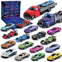 Generisch Adventskalender für Kinder: 24 Metallautos + 2 Abschussrampen – Anhänger für Kinder im Alter von 3-12 Jahren, Rennauto-Spielzeug