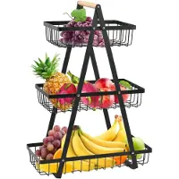 LTPRTZ Obstkorb, 3-stöckig - Aufbewahrungsregal - Küchenorganisation - Abnehmbare Behälter - 36 x 18 cm - Schwarz