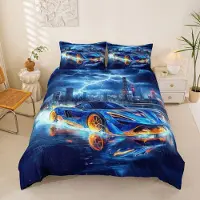 OEM Bettbezug-Set Super King, 260 x 220 cm, blau, Rennwagen-Motiv, 3-teilig