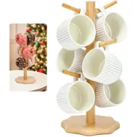 LTPRTZ Tassenhalter - Tassenständer - Küchenorganisation - Schräge Haken - 6 Haken - Holzfarbe