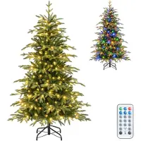Costway 150 cm Künstlicher Weihnachtsbaum mit 200 mehrfarbigen LEDs, Tannenbaum mit 582 Zweigen, klappbarem Metallständer & Fernbedienung, Christbaum