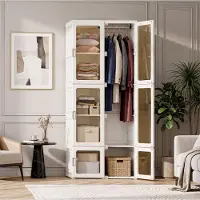 INONEFT Kleiderschrank,69x50x170cm,Faltbarer Mehrzweckschrank mit 1 Kleiderstange,10 Fächern,magnetische Türen, Garderobenschrank für Wohnzimmer,Weiß
