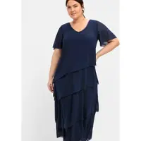 Sheego Jerseykleid "Abendkleid Cocktailkleid im Lagenlook, mit Volants", Damen, Gr. 44, N-Gr, blau (marine), Elegant, V-Ausschnitt, Kleider Jerseykleid, in Maxi-Länge