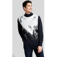 Bugatti Rollkragenpullover , Herren, Gr. XXL, blau (marine), 70% Polyacryl, 30% Wolle, bedruckt, regular fit, ohne Ausschnitt, Rippbündchen, Pullover Rollkragenpullover, mit winterlichem Bergmotiv